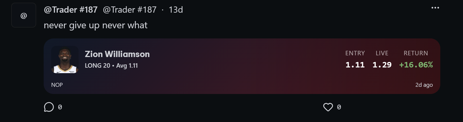 Equity curve for Trader #187 Zion position